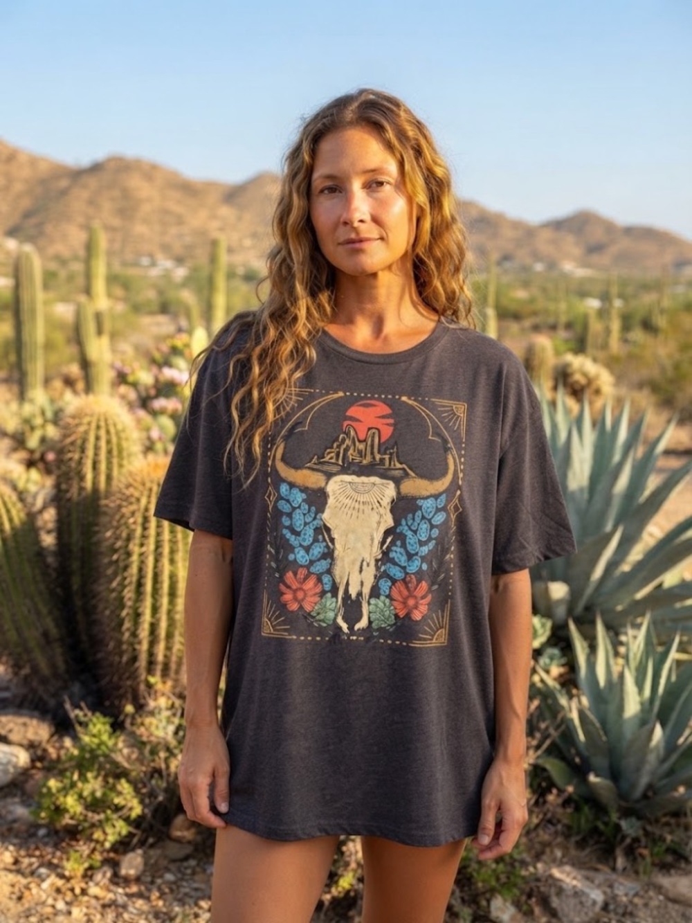 Charcoal Graphic Short-Sleeve Tee with Southwestern Skull Motif